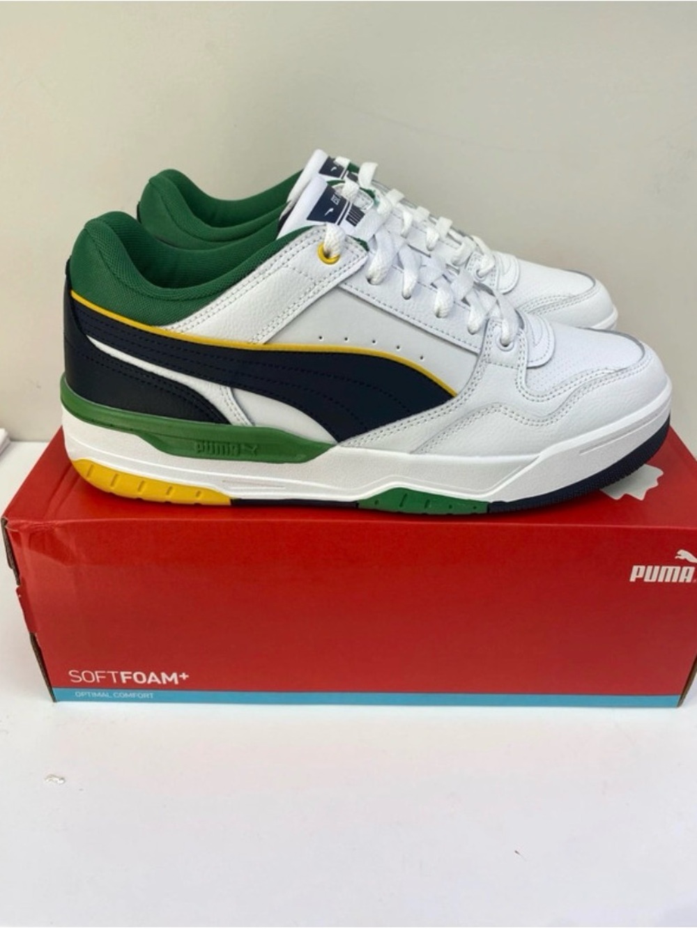 Puma Men's White Sneakers with Green, Navy & Yellow Accents